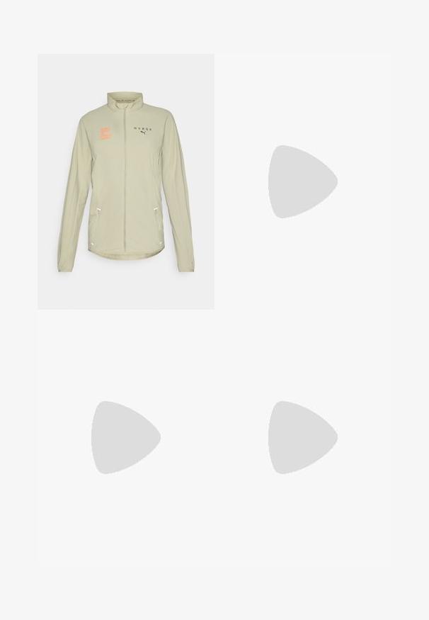 Light tan athletic jacket with high collar, full zipper, reflective accents, and side pockets. Features orange printed logo on chest.; Black athletic tank top made of lightweight fabric, featuring a racerback design, flat seams, and the New Balance logo in gray on the upper left.; Light green athletic shorts made of breathable fabric, featuring an elastic waistband, a relaxed fit, and small ventilation holes throughout.; Athletic shoe with a gradient pink and white mesh upper, featuring a silver logo, cushioned sole, and textured rubber outsole.