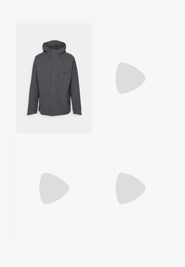 Gray, lightweight jacket with a hood, featuring a front zipper, side pockets, and a textured fabric. Adjustable drawstrings at the hood.; Black short-sleeve t-shirt made of lightweight fabric, featuring a light gray “TERREX” logo across the chest and a crew neckline.; Black waterproof trousers made of lightweight fabric, featuring an elastic waistband and side zipper pocket. Simple, tailored design.; Lightweight trail running shoe with a gray and black mesh upper, orange accents, and a rugged outsole for traction. Waterproof Gore-Tex lining.