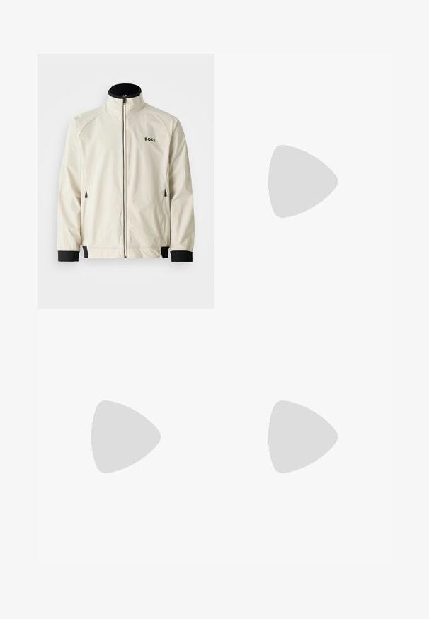 Chaqueta de color claro, resistente al agua, con un cuello alto, cierre frontal con cremallera, detalles en negro en los puños y el dobladillo, y un logotipo sutil en el pecho.; Camiseta de algodón negra con cuello redondo, mangas cortas y un pequeño logo de cocodrilo verde en el lado izquierdo del pecho. Textura suave, diseño casual.; Pantalones cortos deportivos blancos con cinturilla elástica, textura suave y corta longitud. Sin patrones visibles ni detalles adicionales.; Zapatilla deportiva negra con una parte superior texturizada, tres franjas horizontales y una suela blanca con un dibujo en su superficie. Diseño ligero y aerodinámico.