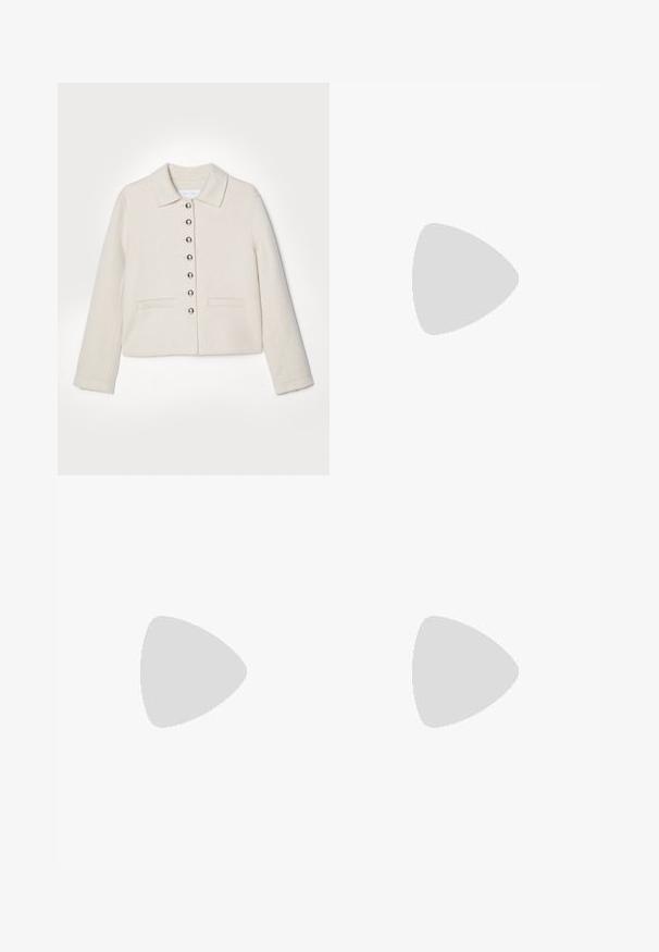 Proenza Schouler White Label EMILIE JACKET IN DOUBLE FACE  - Blazer - offwhite; Black sleeveless top with thin straps, loose fit, and gathered hem. Made of lightweight fabric with a smooth texture.; Black wide-leg trousers with a high waist, pleated front, and tapered ankles. Made from smooth fabric with a matte finish.; Black leather sandal with a square toe, thin straps, adjustable ankle strap, and a low heel. Features a small gold accent on the strap.