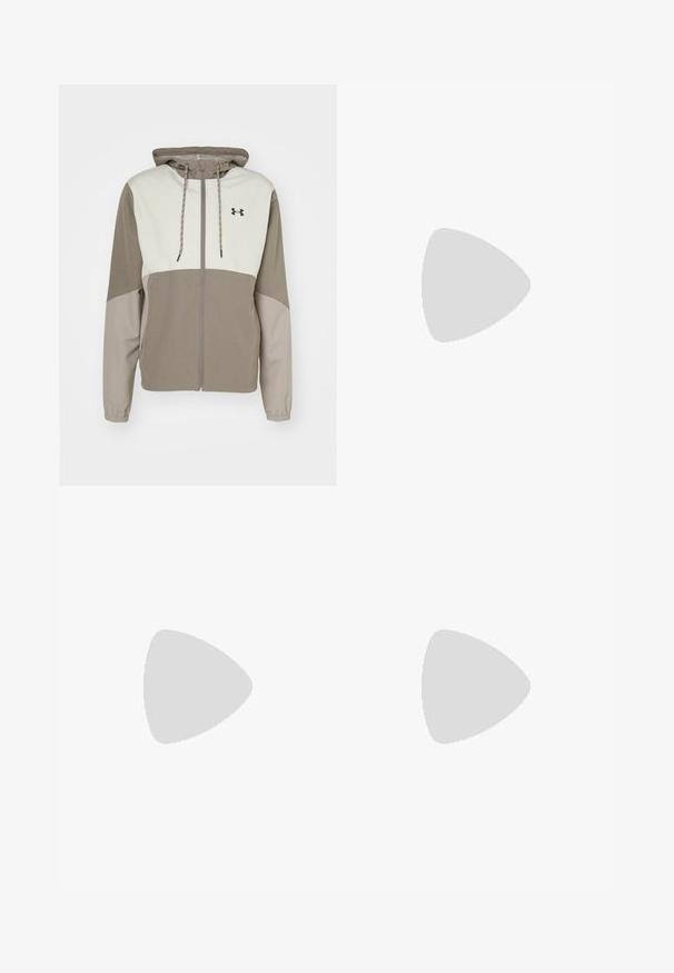 Under Armour LEGACY  - Giacca a vento - taupe dusk/silt/black; Maglietta da ginnastica bianca a maniche corte realizzata in tessuto liscio. Presenta un colletto rotondo e un logo grigio sul lato sinistro del petto, con fessure laterali all'orlo.; Pantaloni corti sportivi neri realizzati in tessuto leggero, con vita elasticizzata e un logo bianco sul lato sinistro.; Scarpa da ginnastica nera con tomaia texture, suola grigia a motivo camouflage e lacci piatti. Presenta il logo Under Armour sul lato.