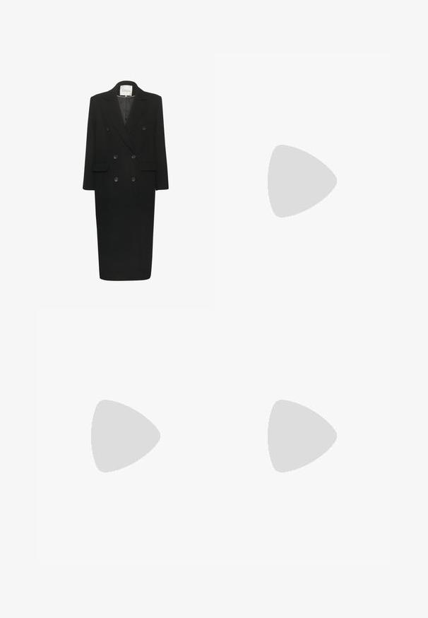 My Essential Wardrobe FRANNIE - Klassischer Mantel - black; Schwarzer Pullover mit langen Ärmeln, Rundhalsausschnitt und gerippten Bündchen. Hat eine glatte Textur und ein dezentes Logodetail auf der Vorderseite.; Schwarze weit geschnittene Hosen aus glattem Stoff, mit hoher Taille, Falten und einer taillierten Passform. Einfaches schwarzes Zubehör an der Taille.; Schwarze Knöchelstiefel aus glattem Stoff, mit spitzem Fuß und schmalem Stiletto-Absatz, nahtlosem Design und ohne sichtbare Beschläge.