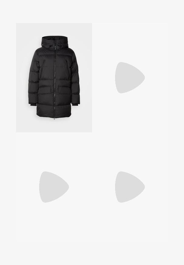 Black puffer jacket with a zip front, large dual front pockets, and a hood. Features ribbed cuffs and a quilted texture.; Gray long-sleeve polo shirt made of soft fabric, featuring a half zip closure, a classic collar, and a small logo on the chest.; Brown wide-leg trousers made of cotton, featuring a high waist, front pockets, and a smooth texture. Finishing includes subtle stitching details.; Black leather chelsea boots with elastic side panels, pull tabs, rounded toe, and textured rubber sole. Smooth surface and sturdy design.