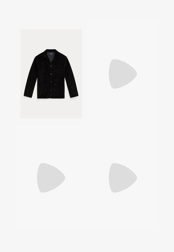 Black corduroy jacket with long sleeves, a pointed collar, front button closure, and two front pockets. Label reads "POLO RALPH LAUREN."; Light blue long-sleeve shirt with white vertical stripes, button-down collar, and button closures along the front. Textured cotton fabric.; Dark blue denim jeans with a straight-leg cut, featuring a standard waistband, five pockets, and a smooth texture. No patterns visible.; Beige suede loafers with a stitched moccasin design, slip-on style, and rubber sole. Features a logo embossed on the heel.