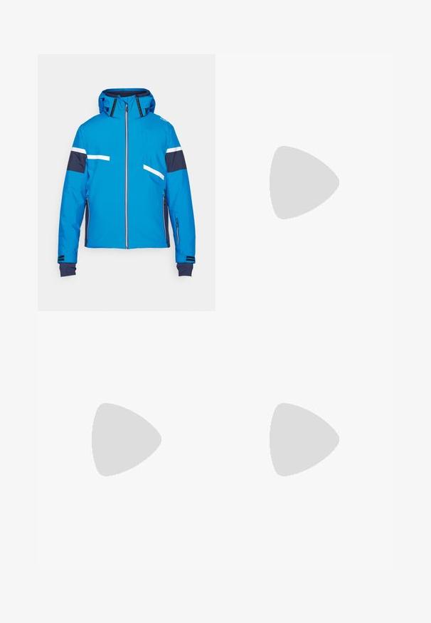 Blaue Skijacke mit durchgehendem Reißverschluss, kontrastierenden marineblauen Ärmeln, weißen reflektierenden Streifen und abnehmbarem Kapuzen. Zwei seitliche Taschen sind enthalten.; Schwarzes Baumwoll-T-Shirt mit kurzen Ärmeln und Rundhalsausschnitt. Mit kleinem weißen Columbia-Logo auf der linken Brust. Weicher Stoff.; Schwarze Sporthosen aus leichtem Stoff, mit einem Kordelzugbund, seitlichen Taschen und schmal zulaufenden Bündchen an den Knöcheln.; Schwarzer Trailrunning-Schuh mit strukturiertem Obermaterial, Gummisohle und verstärkter Zehenkappe. Verfügt über einen gepolsterten Kragen und eine Ziehlasche für einfaches Anziehen.