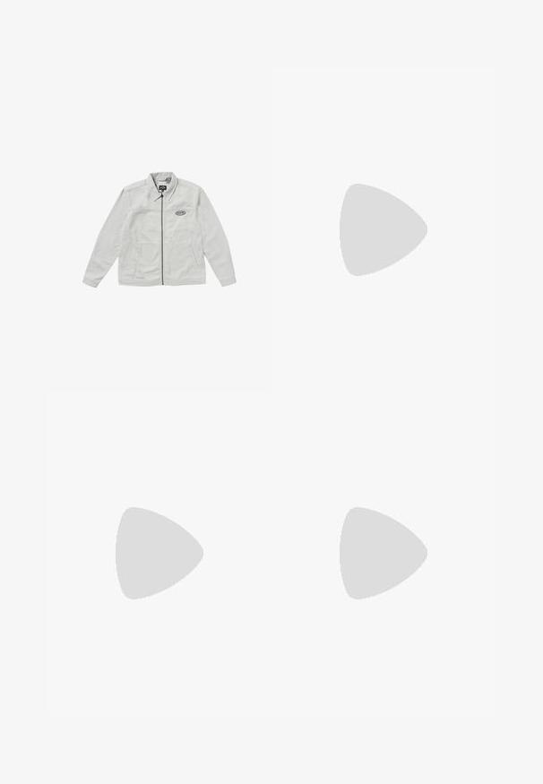Light gray zip-up jacket with a collared neckline, two front pockets, and embroidered logo on the chest. Cotton material, smooth texture.; Black short-sleeve t-shirt with white three-stripe detailing on shoulders and a small white logo on the chest. Smooth fabric texture.; Black athletic pants with an elastic waistband, straight-leg design, side pockets, and zippered cuffs, made from a smooth, lightweight fabric.; Black and white low-profile indoor sports shoe with gum sole, laces, and neon green "Predator" branding on side.