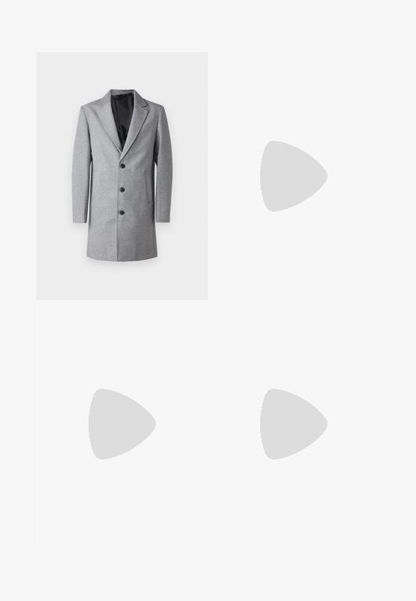 Grijze wollen overjas met een geknipte revers, sluiting met één knop en twee zijzakken. Gladde zwarte voering en een getailleerde pasvorm.; Zwarte katoenen t-shirt met korte mouwen, ronde hals en voorop afbeeldingen van een zon en maan, vergezeld van de tekst "Le Soleil et La Lune."; Zwarte, elastische broek met rechte pijpen, met een gladde textuur en zonder zichtbare patronen of hardware.; Zwarte suède sneaker met een afgeronde neus, vetersluiting aan de voorkant en witte rubberen zool. Eenvoudig ontwerp met minimale accenten en een gladde textuur.