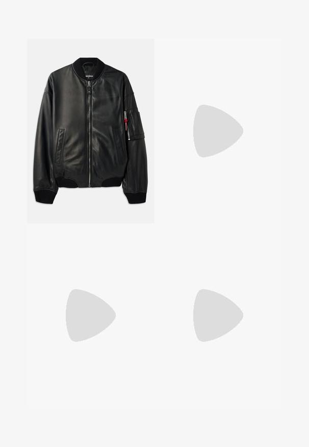 Dsquared2 Leather jacket - black; White cotton t-shirt with short sleeves, crew neck, and a small blue "HUGO" label on the upper chest. Smooth texture, classic fit.; Black cotton shorts with a drawstring waistband, featuring side pockets and a small blue logo patch on the front. Smooth texture.; HUGO BLAKE - Trainers - black