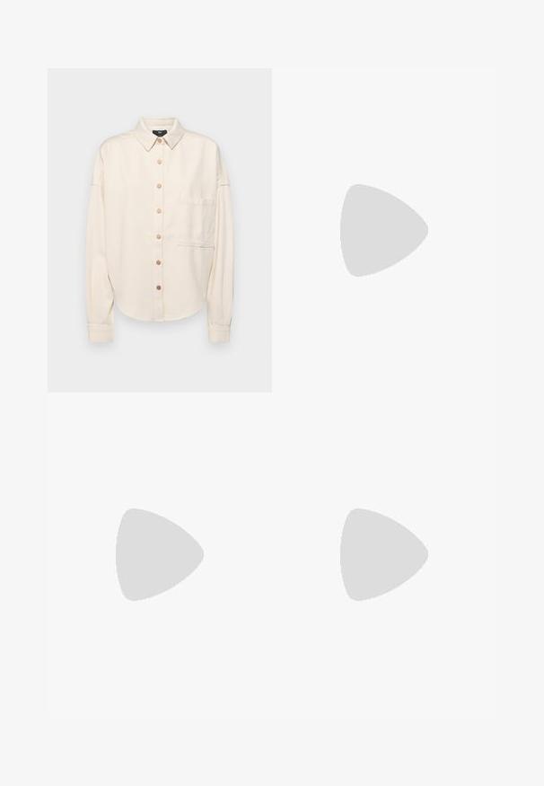 Cream-colored long-sleeve shirt, button-up front, collar, loose fit, single chest pocket, and subtle texture. Bronze button accents.; Hofmann Copenhagen XENIA - Blouse - black; Dark blue flared jeans made from denim. Features a high waist, front pockets, and slit details at the hem.  Classic five-pocket design.; Black leather ballet flat with a rounded toe, smooth texture, minimal stitching detail, and a flexible sole design.