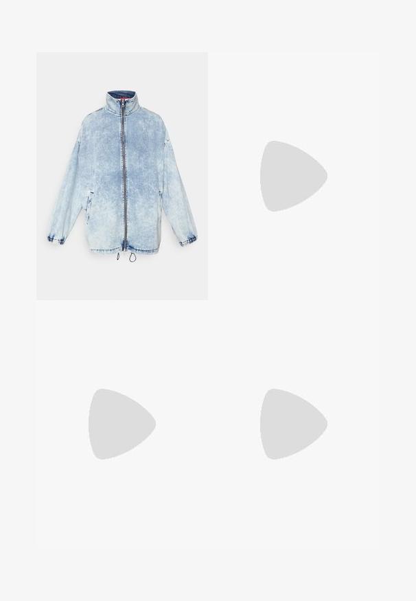 Light blue denim jacket with a high collar, front zipper, side pockets, and elastic cuffs. Features a faded wash and drawstring hem.; White short-sleeve crew neck t-shirt with embossed oval logo on the chest and red Diesel brand label inside the collar.; Navy cargo pants made from a lightweight fabric, featuring an elastic waistband, drawstring, multiple pockets, and ankle zippers.; White low-top sneaker with lace-up design, textured sole, and subtle branding on heel and side.