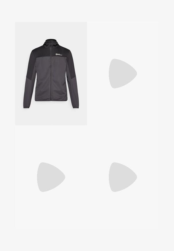 Jachetă sport gri, cu guler înalt, închidere prin fermoar și accente negre pe umeri. Are un logo pe partea superioară stângă.; Tricou scurt din bumbac, de culoare neagră, cu guler rotund și un mic logo alb în partea de sus a pieptului stâng.; Pantaloni atletici negri, confecționați dintr-un material ușor, cu un tiv elastic la talie, buzunare laterale și tivuri ajustate la gleznă.; Pantofii de alergare pe teren accidentat, de culoare neagră, cu un superior texturat, talpă din cauciuc și vârf întărit. Prezintă un guler căptușit și o bandă de prindere pentru îmbrăcare ușoară.