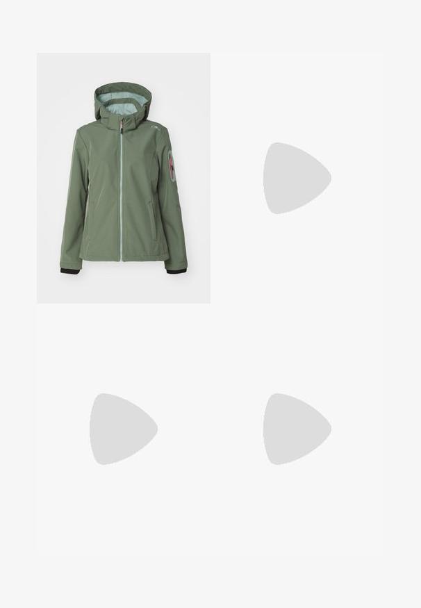 CMP ZIP HOOD - Veste softshell - salvia; T-shirt blanc court en coton avec un col rond et des manches courtes. Présente un logo noir sur le côté gauche de la poitrine.; Pantalons de yoga grays à coupe ajustée, dotés de deux poches latérales zippées et d'une fermeture à bouton. Texture lisse et jambes fuselées.; Chaussures de randonnée beige en suède et en maille avec des accents gris et des œillets orange vif. Marque Gore-Tex visible sur le côté.