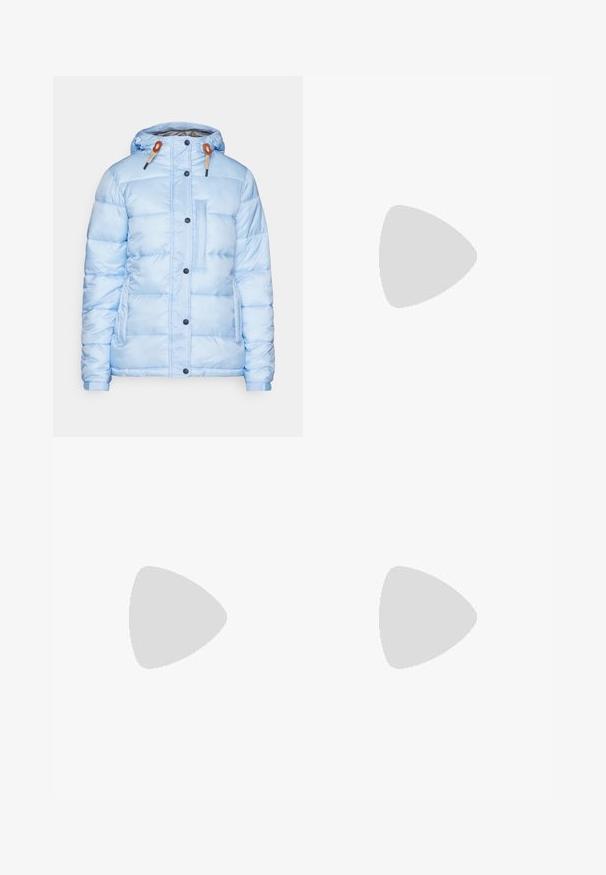 Giacca puffer azzurro chiaro, con chiusura frontale a zip, bottoni a pressione, polsini elastici e una tasca sul petto con un design elegante e una texture vivace.; T-shirt bianco in cotone con grafica di una montagna rosa, un sole e il testo "COLUMBIA" e "ALWAYS OUTSIDE | PACIFIC NORTHWEST."; Pantaloni blu navy realizzati in tessuto liscio, con chiusura frontale a bottone, design slim-fit e pieghe decorative sulle ginocchia.; Columbia PEAKFREAK - Scarpa da hiking - black