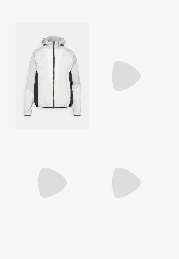 Veste coupe-vent Nike en gris clair avec des panneaux latéraux noirs. Dotée d'une fermeture éclair, d'une capuche ajustable et d'accents aqua sur les coutures et le logo.; T-shirt de course noir Nike en matériau léger et respirant, avec des manches courtes et un petit logo blanc sur la poitrine.; Pantalons de sport navy avec une taille élastique, jambes effilées, en tissu lisse, arborant un logo Nike blanc sur le côté gauche.; Chaussure de sport noire avec une tige texturée, un swoosh blanc de Nike et une semelle extérieure en caoutchouc blanc. Elle présente un design à lacets et une forme dynamique.