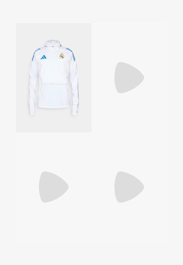 Weißer sportlicher Pullover mit langen Ärmeln, halber Reißverschluss und blauen Akzenten. Verfügt über das Wappen von Real Madrid und Adidas-Logos. Glatte Textur.; Langärmliges weißes Sportshirt aus glattem Material mit einem schwarzen Adidas-Logo auf der Brust; V-Ausschnitt-Design und figurbetonte Form.; Schwarze Sporthosen mit lockerer Passform, versehen mit weißen Seitenstreifen, einem Kordelzugbund und zwei Seitentaschen. Hergestellt aus weichem Stoff.; Weiße Sportschuhe mit einem strukturierten Mesh-Obermaterial, einer stützenden gepolsterten Sohle und einem drei Streifen-Design an der Seite.