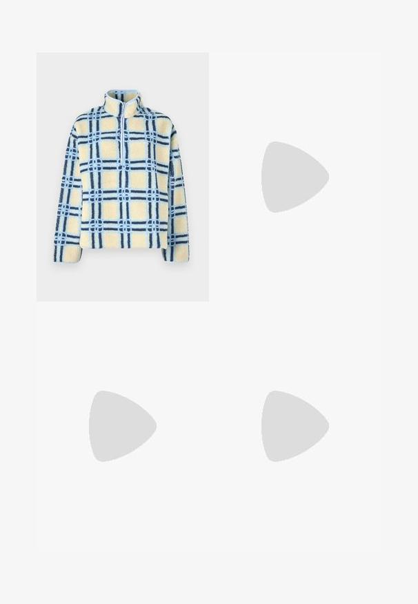 BDG Urban Outfitters CHECK FLUFFY  - Fliisjakk - ecru/blue; Must have t-särk, mis on valmistatud puuvillast, lühikeste varrukatega, ümmarguse kaelusega ning vasakul rinnal on väike valge logo.; Laiad jalgadega denim teksad, mis on valmistatud keskmise kaaluga sinisest puuvillakudumist. Omab klassikalist viit taskut ja lukuga esiots, millel on nööbiga kinnitamine.; Valge nahast tenniseking, millel on beežist siidist aktsent ja aukudega varvas, lame paelad ja tekstureeritud koorevärvi tallad. Omab nüansirikast brändimist kannal.