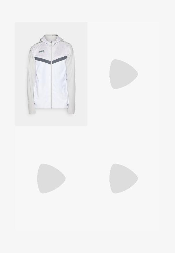 JAKO ICONIC - Trainingsjacke - weiß/soft grey/anthra light; Hellgraues Sport-T-Shirt mit kurzen Ärmeln, mit weißen Akzenten und einem Adidas-Logo auf der linken Brust. Hergestellt aus atmungsaktivem Material.; Schwarze Sportshorts aus leichtem Material, mit weißen Seitenpaneelen, elastischem Bund und einem reflektierenden Logodetail auf der unteren linken Seite.; Weiße Sportschuhe mit einem strukturierten Mesh-Obermaterial, einer stützenden gepolsterten Sohle und einem drei Streifen-Design an der Seite.
