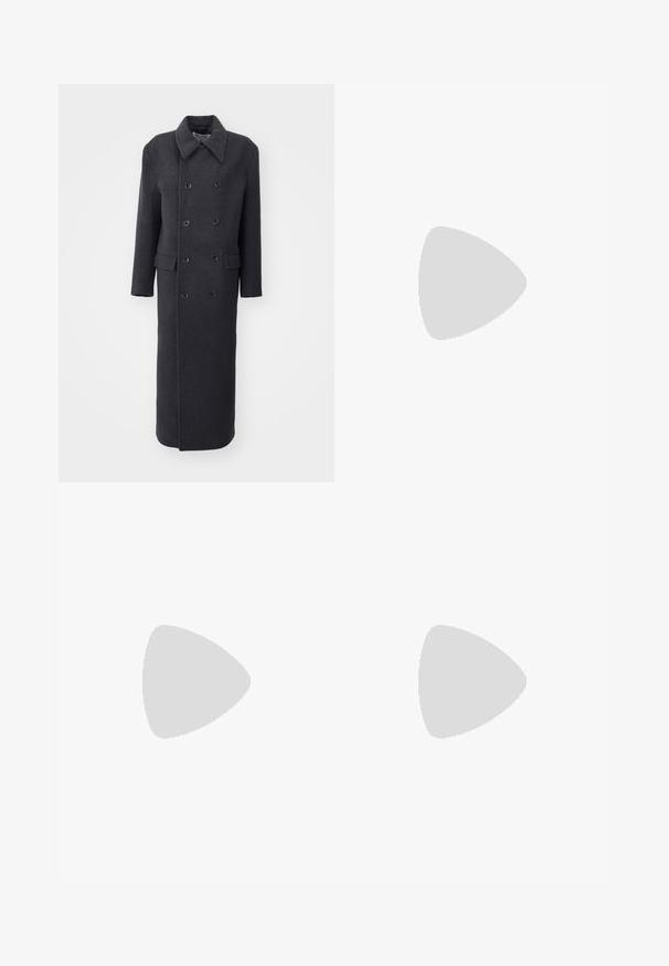 Filippa K DOUBLE BREASTED - Cappotto classico - anthracite; T-shirt grigio tagliato con una texture a coste, scollatura rotonda e una stella bianca con la parola "OBEY" stampata al centro.; Shorts sportivi neri con un elastico arricciato in vita, fodera interna e logo Nike bianco sul lato sinistro in basso. Tessuto liscio e leggero.; Scarpe da ginnastica sportive con un design grigio e viola scuro, dotate di una parte superiore in rete, cinghie di supporto e suola in gomma, abbinate a pantaloni verdi larghi.