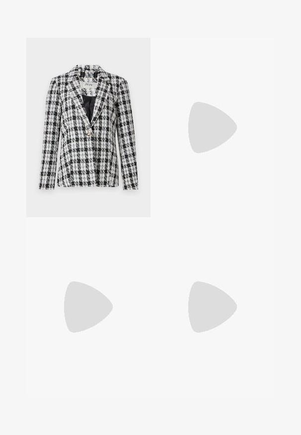 Melnā un baltā kvadrātveida žakete, izgatavota no teksturēta auduma, ar ieliektu apkakli, vienu pogu aizdari un garām piedurknēm.; Melnā bodija ar garām piedurknēm, piedāvā ar caurspīdīgu V-veida kakla izgriezumu un savāktu plecu detaļu. Gluda auduma, ar pieguļošu formu.; Noisy May NMJANNEL LOOSE - Brīva piegriezuma džinsi - black denim; Melni ādas apavi ar noapaļotu purngalu, biezām bloku papēžiem un elastīgiem sānu akcentiem, apvienoti ar tumšām zeķubiksēm un melnu svārku ar šķirbu.; Sudraba gredzenveida auskari ar minimālistisku dizainu. Cirkulāra forma, gluda tekstūra un plāns profils. Vieglu svaru ar spīdīgu apdari.