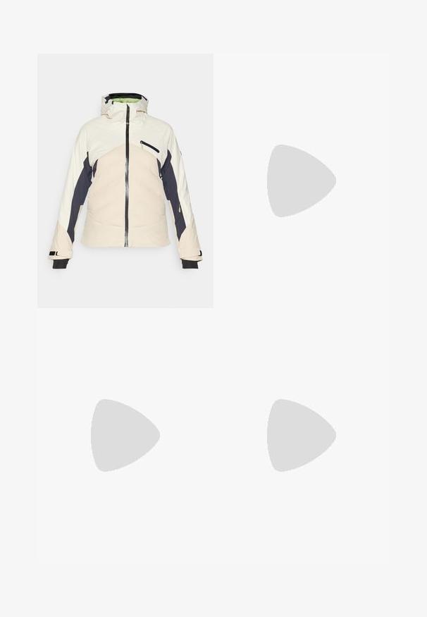 Padded jacket in cream, navy, and pale pink. Features a zippered front, adjustable hood, and two zippered side pockets. Black cuffs.; Black, short-sleeved turtleneck top made of ribbed fabric, featuring a slim fit and a high collar design. Simple and textured pattern.; Blue flared jeans with a faded wash, five pockets, and a button closure. Material shows a denim texture with subtle stitching details.; Brown suede ankle boots with a plush lining, thick beige platform sole, and a rear pull tab. Textured surface with visible stitching details.; Round, brown-tinted sunglasses with a glossy burgundy frame. Slim arms with subtle branding detail. Flat lens design.