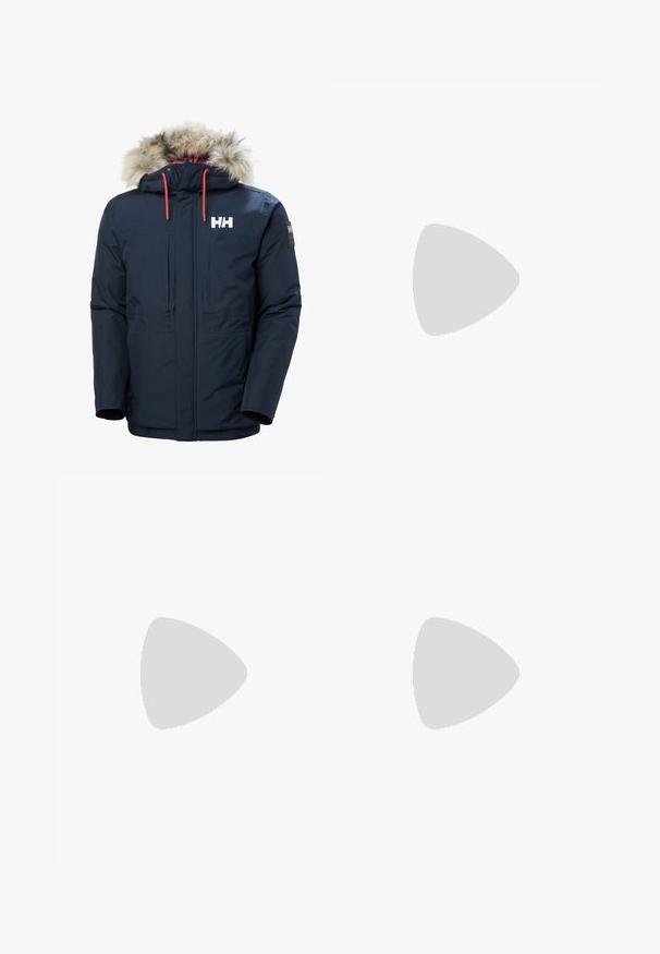 Navyblaue Parkajacke mit einer Kapuze aus Kunstfell, Reißverschluss vorne, zwei Fronttaschen und kontrastierenden orangen Kordeln. Mit Logo auf der Brust.; Schwarzes Baumwoll-T-Shirt mit einem reflektierenden, stilisierten "Carhartt"-Logo in der Mitte, Rundhalsausschnitt und kurzen Ärmeln in lässiger Passform.; Schwarze Hose aus leichtem Stoff, mit geradem Bein Design, vorderem Knopfverschluss und seitlichen Taschen. Glatte Textur.; Helle Creme Sneaker mit schwarzem Drei-Streifen-Design, strukturiertem Obermaterial, runder Zehenpartie und Gummisohle. Verfügt über Schnürsenkel und Branding an der Seite.