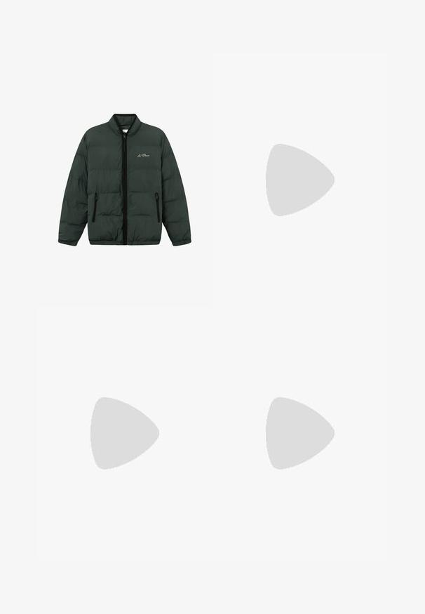 Green puffer jacket with a zip front, elastic cuffs, and hem. Features two zippered side pockets and a logo on the chest.; White cotton t-shirt with short sleeves, round neck, and a small black logo on the left chest. Soft texture and standard fit.; Black cargo pants with a straight leg design. Made from durable fabric, featuring two side pockets with flap closures and a button fly.; Black athletic shoes with textured fabric and rubber soles, featuring elastic laces and a blue accent on the heel. Worn with light denim pants.