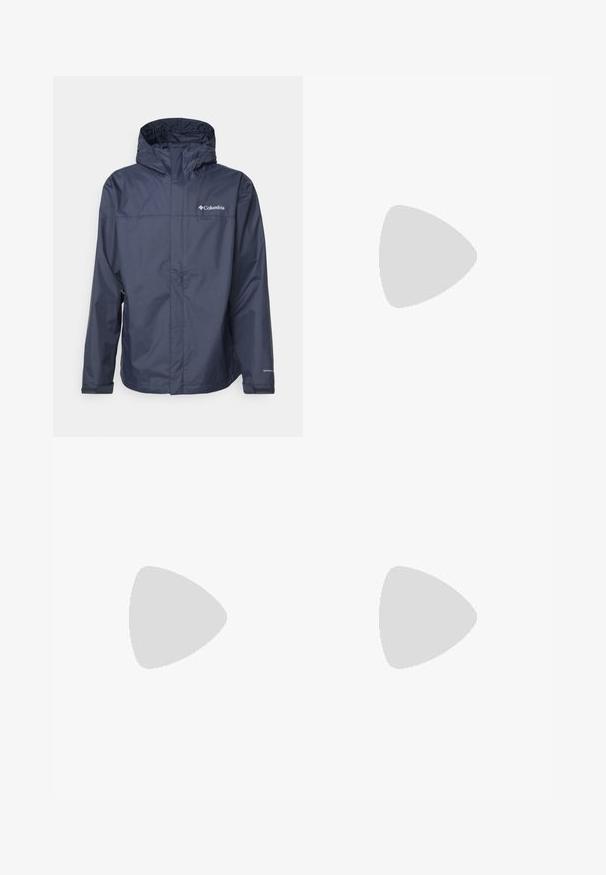 Columbia WATERTIGHT™ II JACKET - Regnjakke / vandafvisende jakker - collegiate navy; Hvid bomulds T-shirt med sort grafisk print, der inkluderer tekst og et buet logodesign. Rund halsudskæring og korte ærmer. Ensartet tekstur.; Lettere, grå atletiske bukser med sorte detaljer. Elastisk talje, snøre lukning, tapered ben-design og sidelommer.; Columbia sneakers i beige og sort, med en tekstureret mesh-overdel, spættet mellemsål og en holdbar gummiydersål for godt fodfæste.