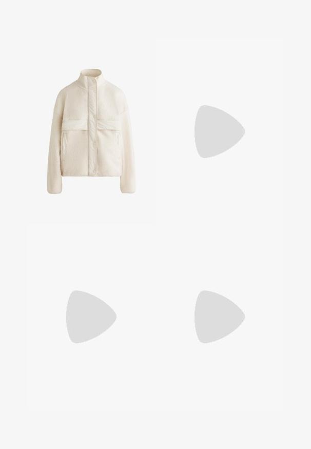 Veste en polaire couleur crème avec un col haut, des boutons-pression et une bande horizontale sur la poitrine. Possède deux poches avant.; Pull en maille côtelée marron avec un col rond et des manches raglan. Présente une longueur cropped et un tissu texturé. Aucun moyen de fermeture visible.; Pantalons évasés marron avec une taille haute présentant un design entrecroisé. Fabriqués en un matériau lisse et extensible pour le confort et l'ajustement.; Chaussure de sport beige clair avec des accents gris foncé, tige en maille texturée, détails de lacets violets et semelle multicouche.; Sac tote en tissu marron avec deux poignées robustes, forme rectangulaire, détails de couture minimalistes et texture lisse.