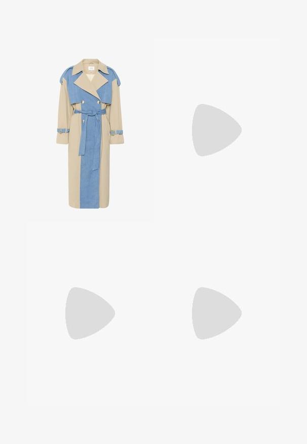 Trench coat featuring beige and blue denim panels, double-breasted design, wide lapels, belted waist, and cuff straps with gold accents.; Black and beige corset top with a zebra pattern, featuring a lace-up front, metal eyelets, and long black ties on the sides.; Flared jeans in a black and beige zebra pattern, featuring a denim material, five-pocket design, and visible stitching details.; Camouflage-patterned high heel shoe with a clear mesh upper, pointed toe, and a metallic silver accent at the heel.; Brown oval sunglasses with a light brown plastic frame. Slim temples and tinted lenses provide a sleek, minimalist design.; Green handbag with floral grass print, curved design, single adjustable strap, and metallic logo detail on the front. Smooth texture.