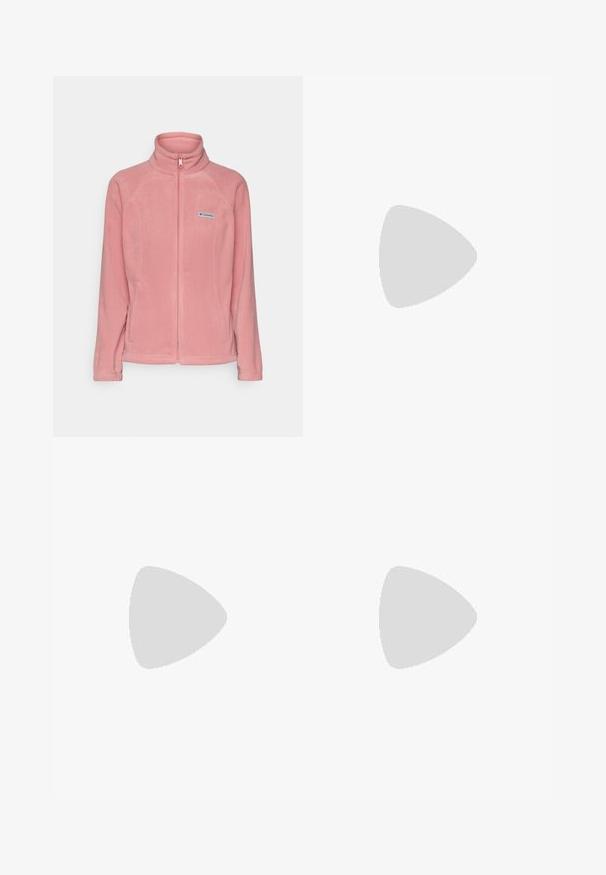 Columbia BENTON SPRINGS™ FULL ZIP - Jakna od flisa - pink agave; Crni dugih rukava majica od pamuka s okruglim izrezom. Ima mali bijeli logo na lijevoj strani prsnog područja. Jednostavan dizajn i kroj.; Crne, uske hlače izrađene od fleksibilnog materijala. Karakteristike uključuju bočni džep sa zipom, artikulirana koljena i glatku teksturu.; Crne planinarske čizme s dizajnom srednjeg vrha, sa teksturiranim gornjim dijelom, sivim akcentima i izdržljivom gumom potplatom s uzorkom za prianjanje.