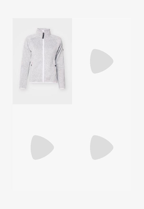Lichtgrijze fleecejas met een hoge kraag, volledige ritssluiting aan de voorkant en twee zijzakken met rits. Voorzien van contrasterende witte rits en stiksel.; Grijze T-shirt met korte mouwen van gladde stof. Heeft een ronde halslijn en een klein logo dat op de borst is gedrukt.; Columbia BREA FALLS™ COTTON RIPSTOP PANT - Outdoorbroeken - black; Zwarte waterdichte wandelschoen met een hoge ontwerp, rubberen zool, versterkte veterogen en textuursteun voor de enkel. Columbia-logo op de zijkant.