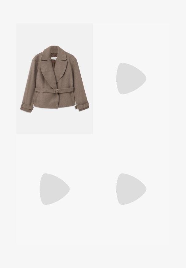 Brown, cropped jacket with a large collar, double-breasted design, and belted waist featuring a gold ring. Soft, textured fabric with rolled cuffs.; White long-sleeve button-up shirt in a smooth cotton blend. Features a classic collar, front button closure, and rounded cuffs.; Black wide-leg trousers made of a smooth fabric, featuring a high waist, front pleats, a button closure, and a straight silhouette.; Black leather slingback shoe with a pointed toe, featuring a woven accent and pleated upper design. Flat sole with minimal hardware.; Navy leather handbag with two long handles, a buckle detail, and a keychain attached. Features a smooth texture and a rectangular shape.