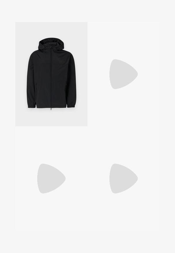 Svart huva jacka av lättvikts, matt tyg. Har dragkedja, elastiska ärmslut och sidofickor. Diskret logotyp på bröstet.; Vit bomull t-shirt med rund halsringning och korta ärmar, med en guld EA7 Emporio Armani-logotyp tryckt på framsidan.; Svarta träningsshorts i mjukt tyg, med ett elastiskt midjeband och en liten gul EA7-logotyp på nedre vänstra benet.; Vita lädersneakers med en jämn yta, rund tå, platta snörningar och en strukturerad sula. Har en diskret logotyp på hälen.
