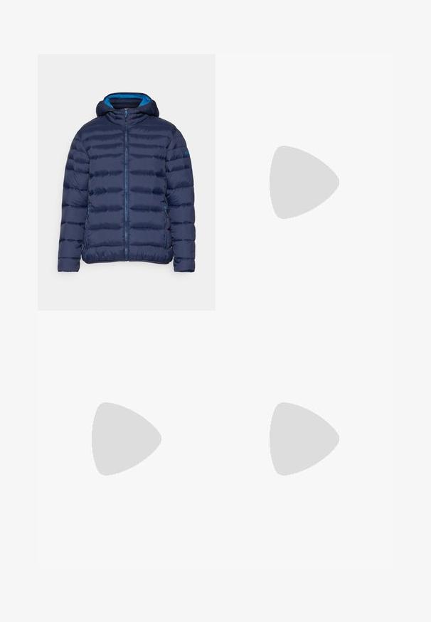 Mornarska jakna s podstavom i kapuljačom, s prednjim zatvaračem, kontrastnim plavim oblogama i bočnim džepovima sa zatvaračem.; Crna majica kratkih rukava od pamuka, s okruglim izrezom i malim bijelim logotipom na gornjem lijevom dijelu prsnog koša.; The North Face HORIZON PANT - Hlače za otvoreno - black; Sive trail trkačka cipela s teksturiranim gornjim dijelom, izdržljivom gumenom potplatom i ojačanim vrhom. Ima vezice i logotip branda sa strane.