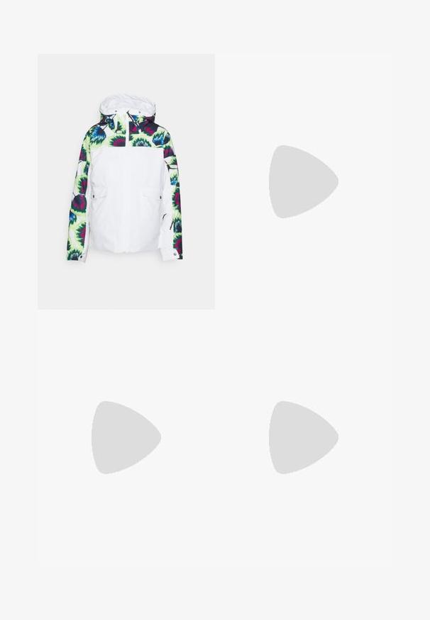 Weiße Jacke mit einem bunten Blumenmuster in Grün, Blau und Pink auf den Schultern und Ärmeln, mit Reißverschlusstaschen.; Schwarzes Trägershirt mit dünnen verstellbaren Trägern, einem runden Ausschnitt und einer figurnahen Silhouette. Hergestellt aus glattem Stoff mit einer weichen Textur.; Weißer Rock aus glattem Stoff, mit einem elastischen Bund und geradem Schnitt. Einfaches Design ohne sichtbare Muster oder Akzente.; Schwarzer und cremiger, ultraleichter Schuh mit einem Obermaterial aus Wildleder, flacher Sohle, elastischen Riemen und einem kleinen Logo an der Zehe.