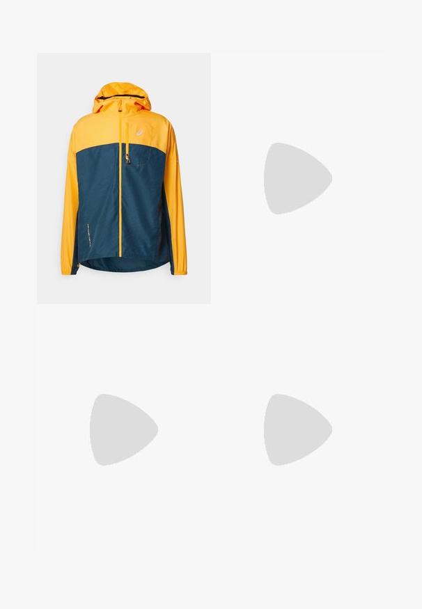 Giacca leggera con cappuccio giallo e parte superiore, sezione inferiore blu scuro con un motivo testurizzato, zip frontale e tasca laterale.; ASICS GAME SEASONAL GRAPHIC TEE - T-shirt con stampa - performance black; Pantaloni sportivi neri con una cintura elastica, tasche laterali e pannelli di texture a contrasto sulle gambe. Logo Asics sull'anca.; ASICS SOLUTION SPEED FF 3 CLAY - da tennis per terra battuta - black/prism blue