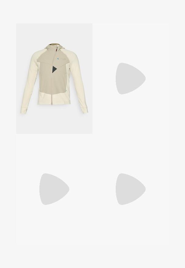 Beżowa i kremowa kurtka na zamek błyskawiczny z fakturowanym wzorem, z kapturem, geometrycznymi czarnymi akcentami oraz logo na piersi.; The North Face - Bluzka z długim rękawem; Czarne spodnie outdoorowe z szarymi akcentami, o dopasowanym kroju, elastycznym pasie, zamykanymi na zamek kieszeniach oraz wykonane z trwałego, lekkiego materiału.; Columbia TERRASTRIDE CRZ ciemnoszary