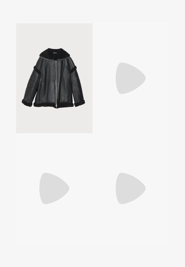 Black leather jacket with a zip front, wide collar, and shearling accents on the cuffs and hem, featuring a relaxed, boxy fit.; Black short-sleeve crew neck T-shirt with a flap pocket on the left chest featuring a small rectangular logo patch.; Beige straight-leg pants with belt loops, front button, and zip closure, displayed flat on a white background.; White slip-on sneaker with a textured finish, featuring a rounded toe and thick rubber sole. Light stitching accents the design.