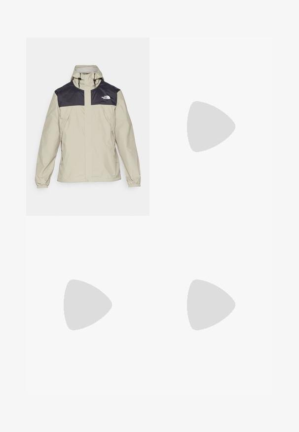The North Face M ANTORA JACKET - Hardshell-jope - clay grey/black; Must have lühikeste varrukatega must T-särk, mis on valmistatud puuvillast, ümmarguse kaelusega ja väikese valge logoga vasakus ülanurgas.; Mustavad sportlikud püksid, mis on valmistatud kergest kangast, joonlauaga taljest, küljetaskudega ja kitsenevate varrukatega pahkluude juures.; Must tume jooksujalats musta värvi, tekstuurse ülemise osaga, kummist tallaga ja tugevdatud varbaga. Omab pehmendusega krae ja tõmblinti mugavaks selga panemiseks.