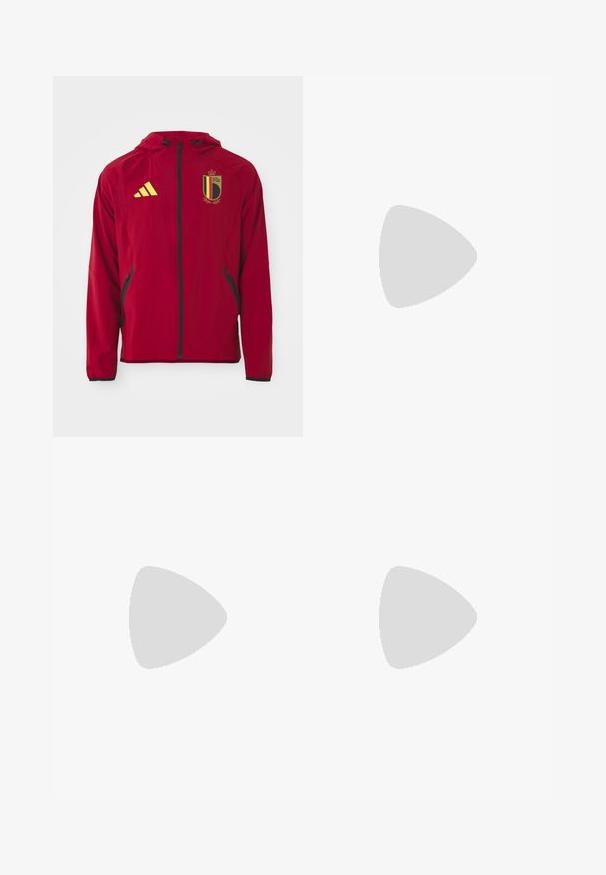 Raudona sportinė striukė su pilnu užtrauktuku, su gobtuvu, juodu užtrauktuku, užtrauktukais šoninėse kišenėse, geltonu Adidas logotipu ir Belgijos nacionalinės futbolo komandos emblemą.; Juodas trumpomis rankovėmis marškinėliai su balta trimis juostelėmis ant pečių ir mažai balta logotipo krūtinėje. Lygus audinio tekstūra.; Juodos languotos kelnės su elastingu juosmeniu, dviem priekinėmis kišenėmis ir laisvu tiesiu kirpimu. Pagamintos iš lengvos medžiagos.; Juodos ir baltos sportinės bateliai su zomšiniu ir odiniu viršumi, su trimis baltomis juostelėmis, perforuota koja ir guminėmis padais.