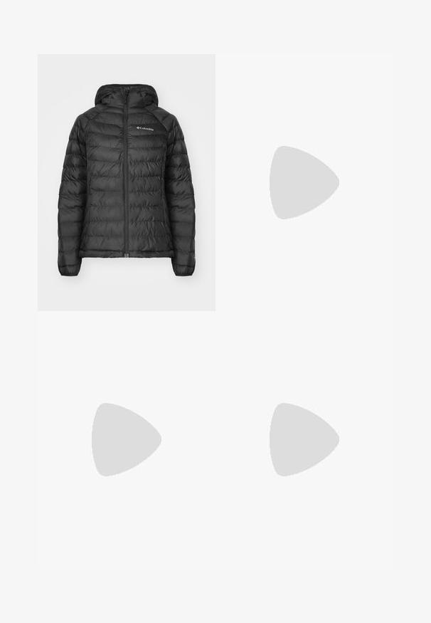 Svart pufferjacket med glidelås foran, hette og quiltet design. Har elastiske mansjetter, sidelommer og logo på brystet.; Grå kortermet t-skjorte laget av myk, fukttransporterende stoff. Har en rund hals og en liten hvit logo på øvre venstre side.; Svart, tettsittende bukser laget av et fleksibelt materiale. Funksjoner inkluderer en glidelåslukket sidelomme, artikulerte knær og en glatt tekstur.; Sorte turstøvler med mid-topp design, som har en teksturert overdel, grå detaljer og slitesterk gummisåle med godt grep.