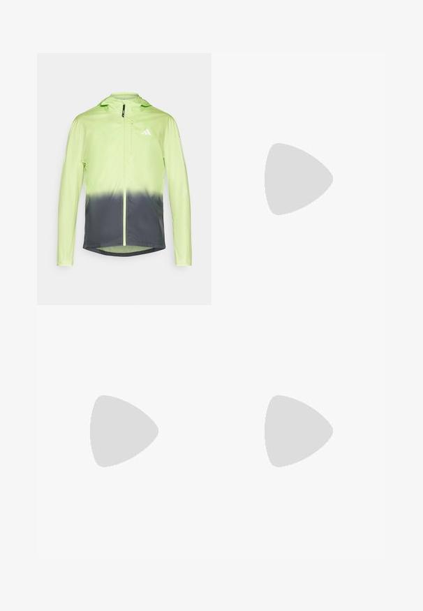 Leichte Jacke mit einem Farbverlauf-Design, leuchtend limegrün, das in dunkles Grau übergeht, mit Kapuze und Reißverschluss.; Weißes ärmelloses sportliches Tanktop aus leichtem Stoff, mit schwarzem Adidas-Logo auf der linken Brust und einem runden Ausschnitt.; Schwarze Sportshorts mit einem elastischen Taillenbund, seitlichen Schlitzen und reflektierenden Logoakzenten. Hergestellt aus leichtem, glattem Material.; Leichte Laufschuhe in hellblau mit schwarzen Streifen. Sie verfügen über ein glattes Obermaterial, eine runde Zehenpartie und eine dicke weiße Zwischensohle, die mit "LIGHTSTRIKE PRO" beschriftet ist.