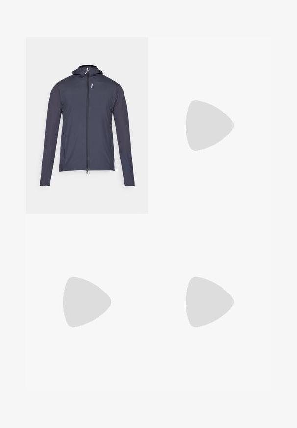 Hooded jacket in dark navy with a full zip front, featuring contrasting sleeves, a zippered chest pocket, and a logo accent. Lightweight material.; Black t-shirt made from lightweight fabric, featuring a round neckline, short sleeves, and a small brand logo on the upper left.; The North Face PANT - Tracksuit bottoms - mystic haze/pearl mist; Black athletic shoes featuring a textured upper, thick cushioning, and a rugged sole. HOKA logo visible, with vibrant yellow accents.