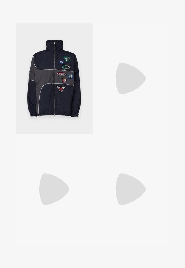 Navy and gray puffer jacket, zippered with high collar. Features multiple fabric patches with logos and embroidered accents on the chest.; Black cotton t-shirt with short sleeves, a crew neck, and a small logo tag on the front featuring care symbols in white.; Black sweatpants with an elastic waistband, tapered legs, and a textured logo detail on the left leg. Made from soft, lightweight fabric.; Black suede sneaker with a white rubber sole, featuring tonal stitching and lace-up design. Smooth texture with a modern, streamlined shape.