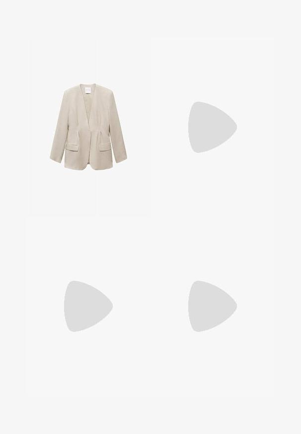 Mango Pitkä takki - beige; Valkoisesta pellavasta valmistettu hihaton paita, jossa on syvä V-neule ja nauhakiinnitys etuosassa. Paitassa on kaulus, sivusaumat ja solmimisdetaili alareunassa.; Housut, joissa on leveät lahkeet, off-white puuvillakankaasta. Niissä on edessä vetoketju ja kaksi sivutaskua. Tasainen rakenne ja rento istuvuus.; Musta nahkainen ballet-tossut pyöreällä kärjellä, joissa on leikkaus ja nauhaketju, yhdistetty kevyisiin sinisiin leveälahkeisiin farkkuihin.; Tummanruskea nahkakäsilaukku, jossa on kaksi yläkahvaa, kullanväriset yksityiskohdat, etuosan lukitus ja tikatut tekstuurit sivuilla.