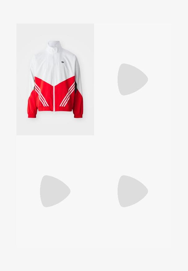 Veste coupe-vent rouge et blanche avec un logo noir, col montant, fermeture éclair, poignets élastiques et accents à rayures diagonales.; T-shirt en coton rouge avec col et manches blanches. Présente un design à trois rayures blanches sur les épaules et un petit logo blanc sur la poitrine.; Pantalon de sport blanc avec des bandes noires sur les côtés, taille élastique et bords-côtes ; présente le logo Adidas sur la cuisse gauche. Texture de tissu lisse.; Baskets noir et blanc avec une tige en suède et cuir, comportant trois rayures blanches, un bout perforé et une semelle en caoutchouc gum.