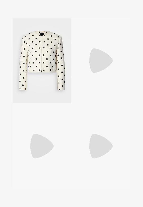 Cropped jacket in cream fabric with black polka dots. Features long sleeves, a round neckline, and a front closure. Textured finish.; White cotton tank top with a wide neckline and thin shoulder straps. Smooth texture with no visible patterns or embellishments.; Wide-leg trousers in navy blue, made from lightweight fabric. Features a slightly textured surface, elastic waistband, and front seams.; White leather sneaker with a smooth finish, beige suede accents, round toe, flat lace-up design, and a textured rubber sole.