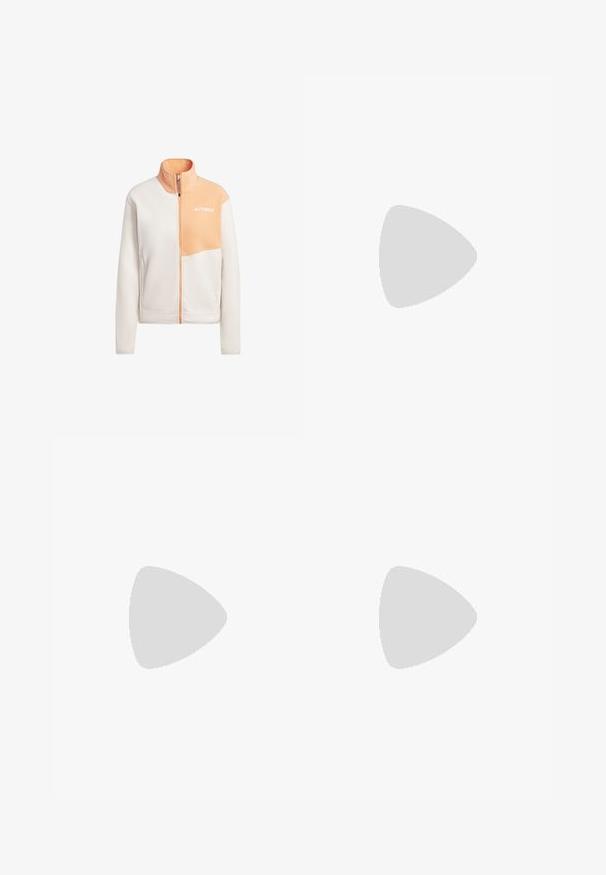 Fleecejacke in hellem Creme und Pfirsich, mit Reißverschluss, Stehkragen, einer Brusttasche und Logodetail auf der oberen linken Seite.; Kurze Ärmel Sport-T-Shirt, dunkelgrau mit durchbrochener Textur. Enthält ein weißes Logo und kontrastierende Seitenstreifen. Runder Ausschnitt.; Schwarze Sportshorts mit gestuftem Design, aus leichtem Material gefertigt. Verfügt über einen elastischen Bund und ein kleines weißes Logo an der Seite.; Schwarze Sportschuhe mit einem Obermaterial aus Mesh, stromlinienförmiger Form, flacher Sohle und drei diagonalen Streifen an der Seite. Leichtes Design für Komfort.