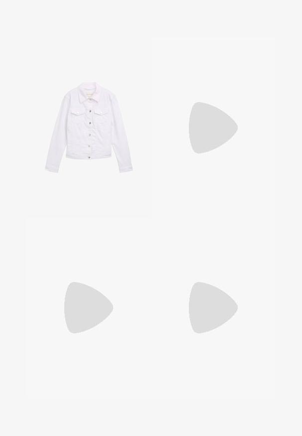 Veste en denim blanc à manches longues, col classique, deux poches poitrine, quincaillerie en métal argenté et détails cousus sur le devant et les poignets.; Chemises à manches longues en coton blanc et noir, avec des cols ronds et une coupe ajustée. Étiquette visible au niveau du cou.; Pantalons de sport marron avec une taille élastique, deux poches latérales et un petit logo sur le côté gauche, fabriqués à partir d'un tissu doux.; Baskets avec une tige en cuir blanc, un bout en daim gris et trois bandes noires. Présente un logo bleu sur la languette et une semelle en caoutchouc texturée.