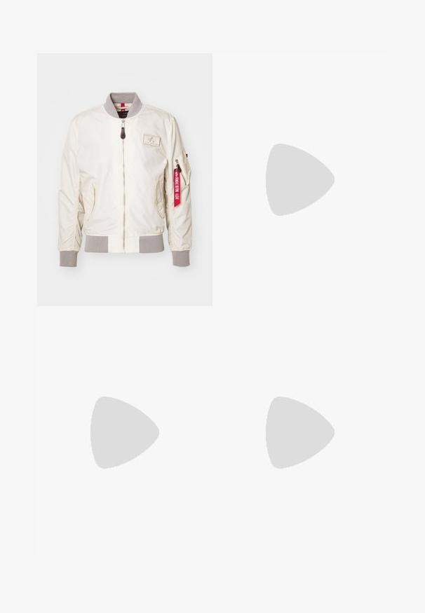 Giacca bomber beige chiaro in nylon, con polsini a coste e colletto grigio. Chiusura a zip con tasca laterale e dettaglio etichetta rossa.; T-shirt bianca a maniche lunghe realizzata in cotone. Design con collo rotondo, polsini a costine e un piccolo logo sulla manica sinistra. Texture liscia.; Pantaloni utility in cotone marrone con design a gamba dritta, dotati di tasche anteriori e dettagli in metallo per una maggiore durata.; Scarpa in pelle nera con punta arrotondata e quattro passanti. Presenta una suola texturizzata e un interno arancione. Su uno sfondo giallo.